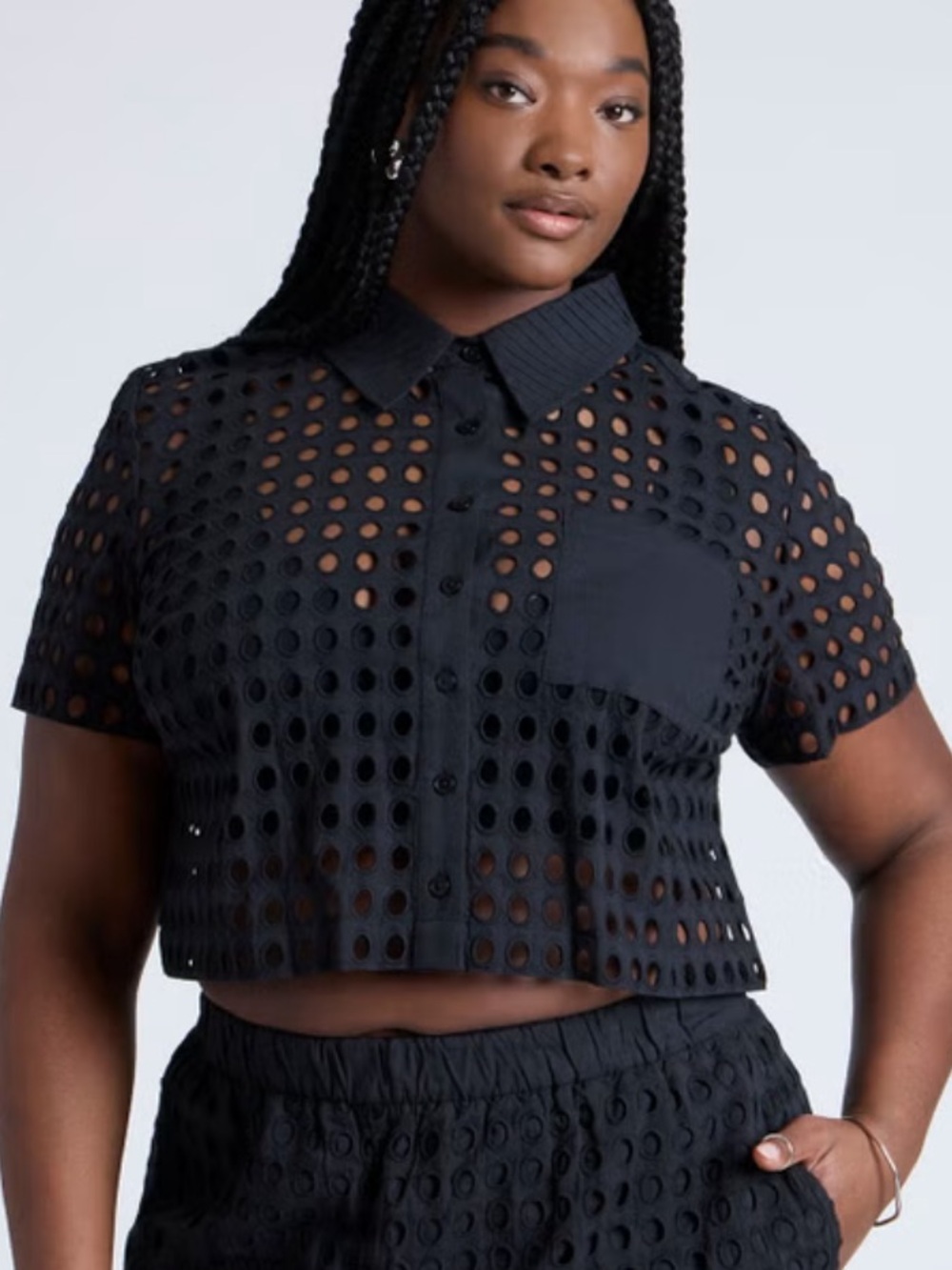 Eloquii Eyelet Short Sleeve Button Up Crop Top - Black - 16